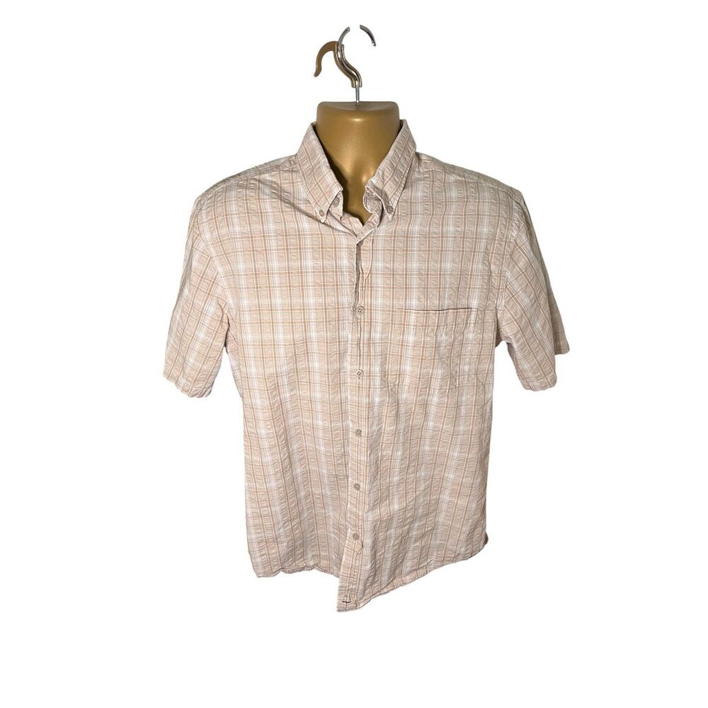 Nordstrom Traditional Fit Plaid Button Up Shirt Short Sleeve Beige Blue M